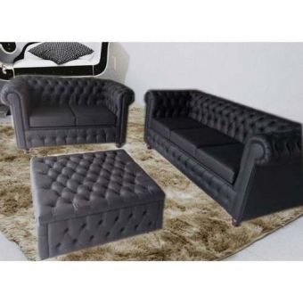 Conjunto Sofá Chesterfield 3 E 2 Lugares + Puff Cor:Preto do tecido:COURO