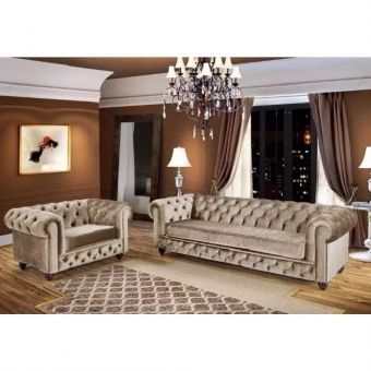 Sofá Chesterfield bege 220 cm + Poltrona Chesterfield 110cm