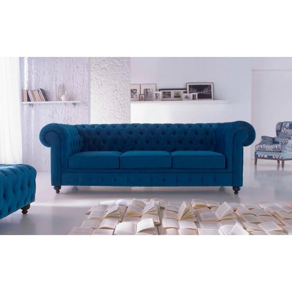 Sofá chesterfield 210 cm 3 lugares azul - Tapeçaria Real