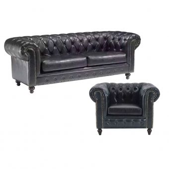 Sofá Chesterfield Preto 210 Poltrona 110cm